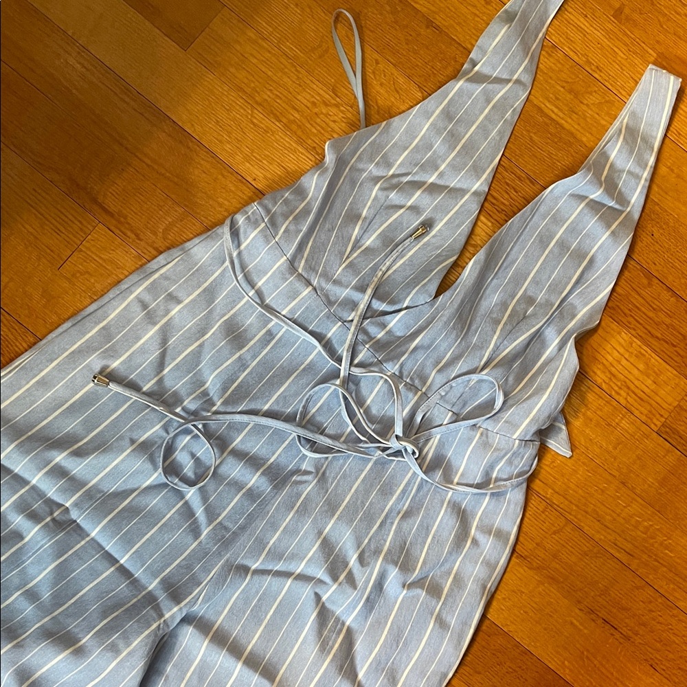 Angel Powder Blue Striped V-Neck Jumpsuit with Tie Waist